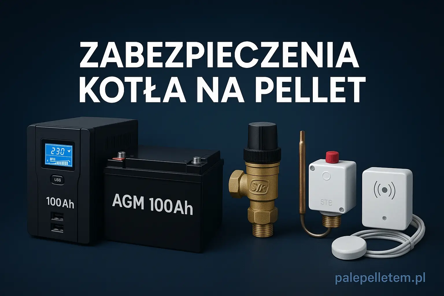 Kocioł na pellet w kotłowni z podłączonym zasilaczem awaryjnym UPS i akumulatorem