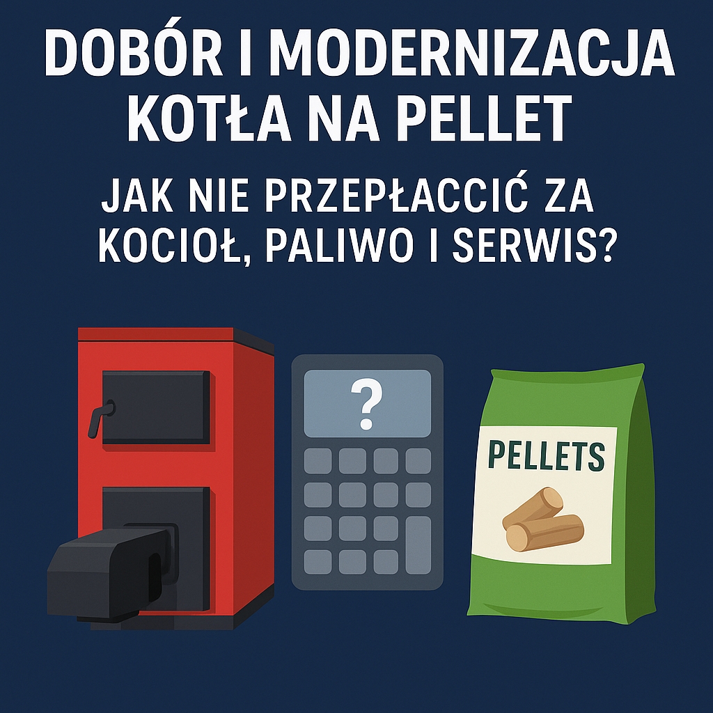 Ilustracja kotła na pellet, kalkulatora i worka pelletu z napisem Dobór i modernizacja kotła na pellet – jak nie przepłacić za kocioł, paliwo i serwis?
