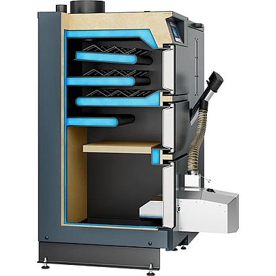 Kocioł na pellet Kamen z zamontowanym palnikiem na pellet Venma w czystej kotłowni