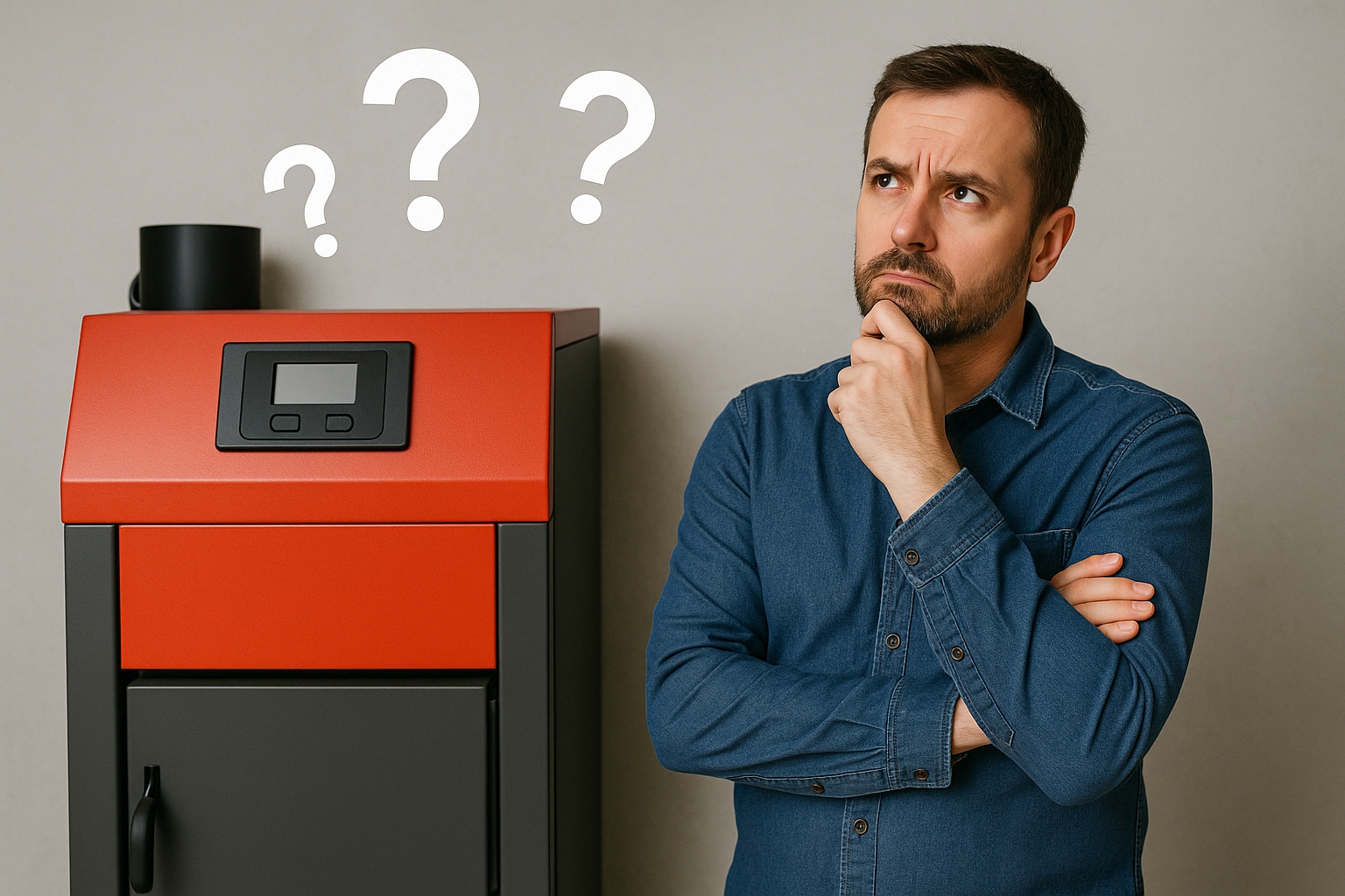 Mężczyzna stojący przy kotle na pellet w kotłowni, analizujący ustawienia urządzenia