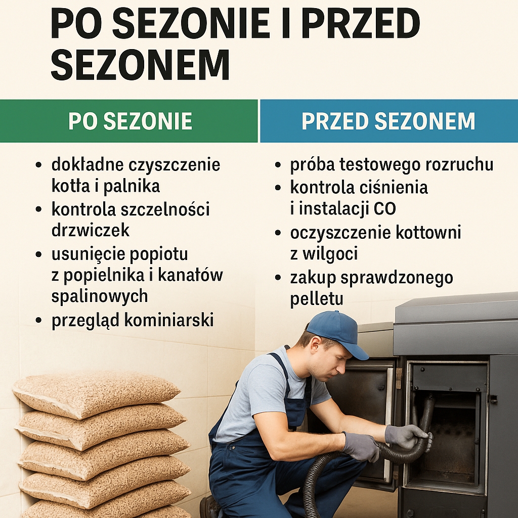 Serwisant przygotowuje kocioł na pellet do sezonu grzewczego w kotłowni z workami pelletu