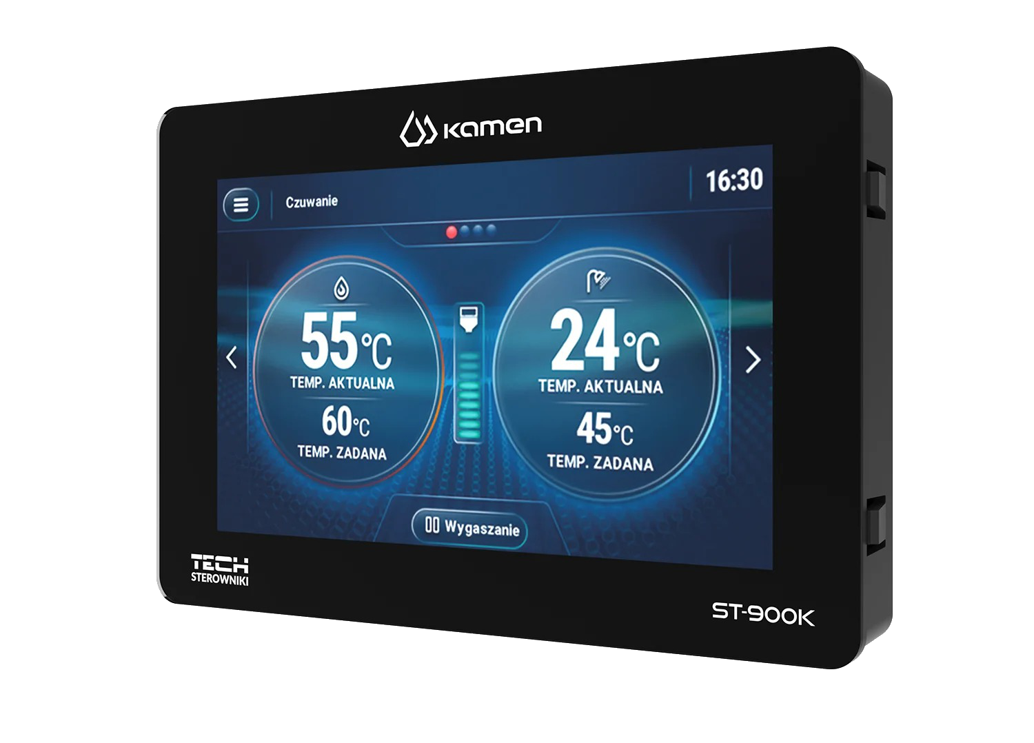 Sterownik kotła na pellet z widocznymi parametrami pracy i nastawami mocy na wyświetlaczu