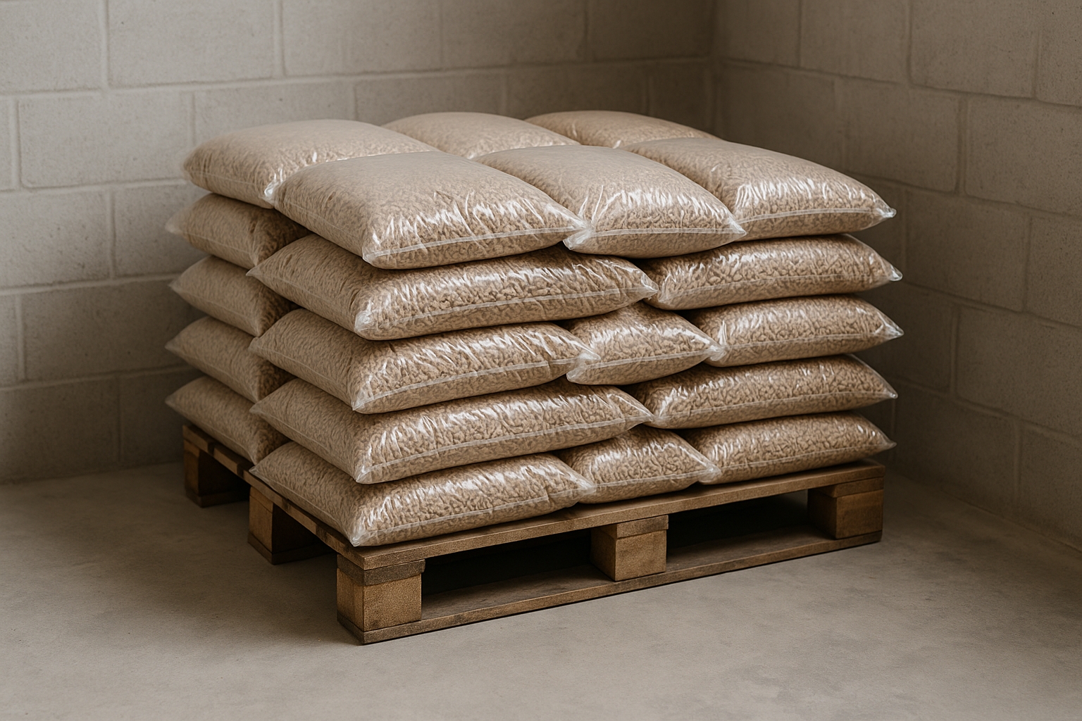 Worki pelletu ułożone na palecie w magazynie opału przy kotłowni