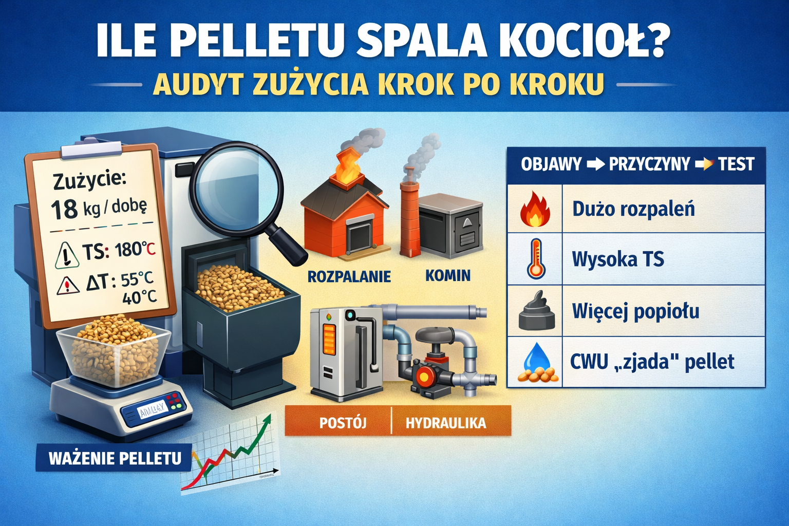 Zużycie pelletu – audyt spalania i diagnostyka instalacji kotła na pellet
