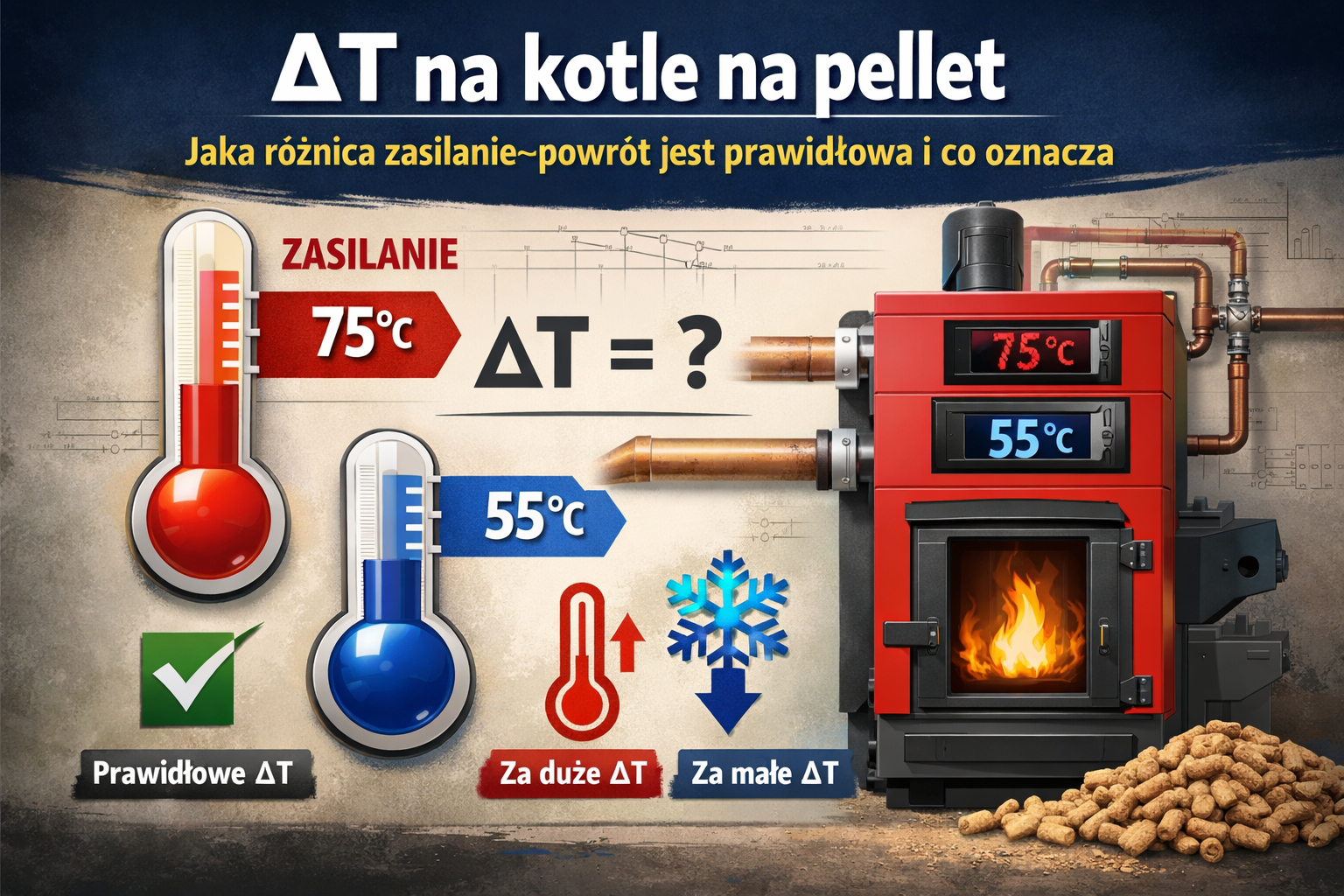 ΔT na kotle na pellet – różnica zasilanie–powrót