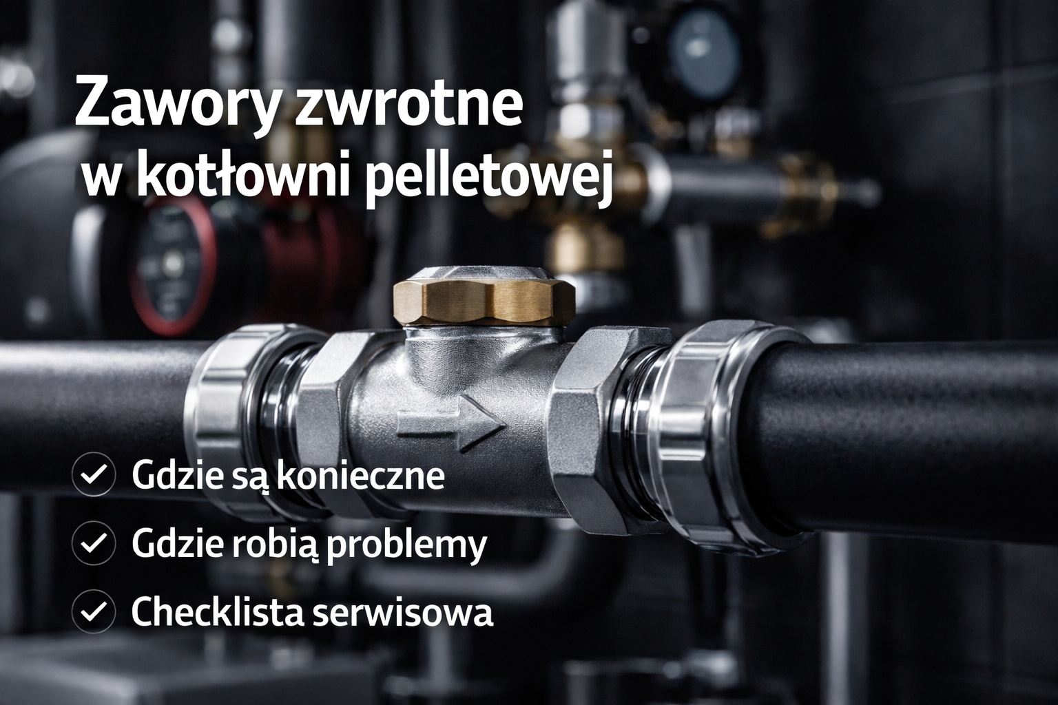 Zawór zwrotny w instalacji kotłowni pelletowej – przykład armatury i kierunku przepływu